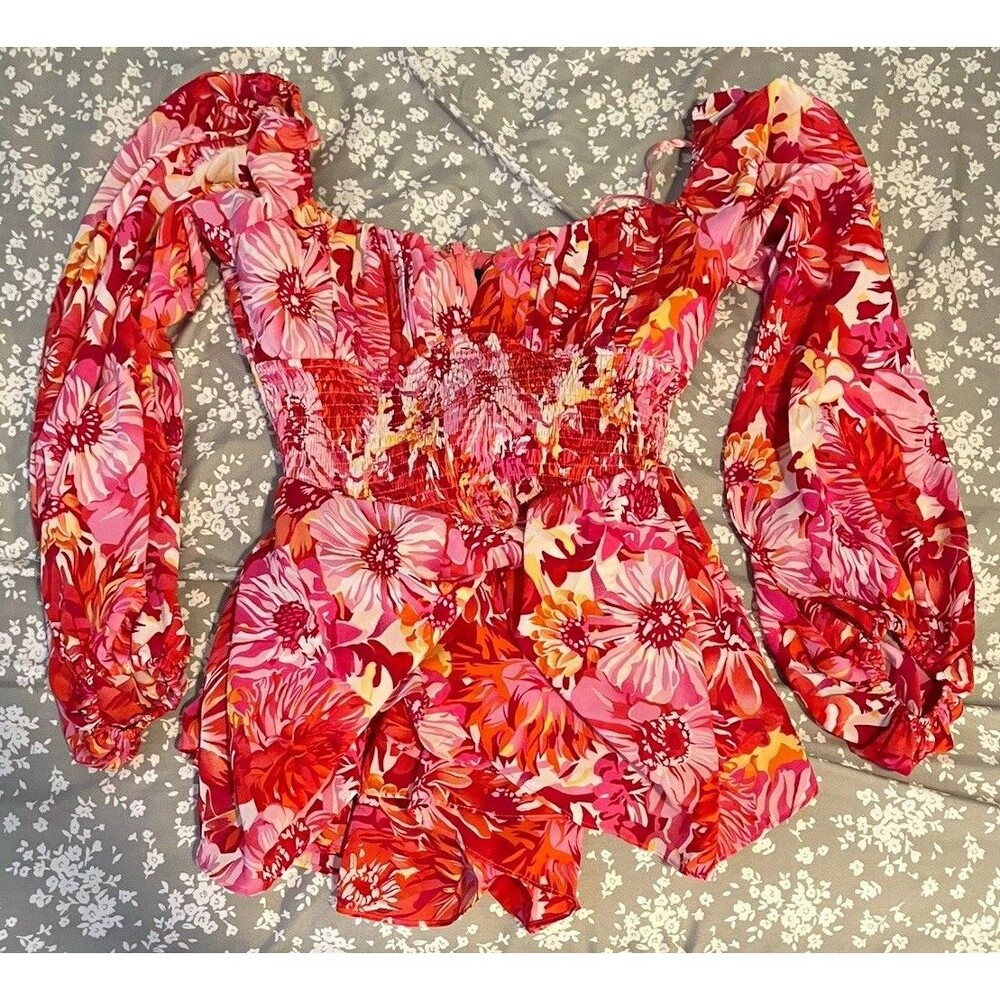 Angel Biba Women's Smocked Waist Balloon Sleeve Romper Floral Pink Red Size M